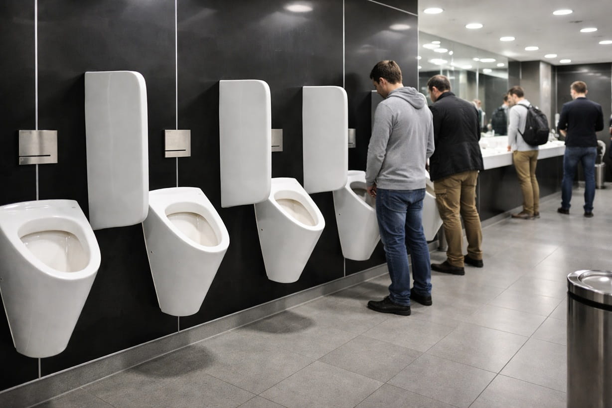 Modern men's restroom with wall-mounted ceramic urinals installed on a black tiled wall in a contemporary public bathroom.